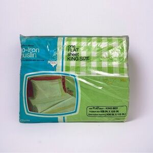 NOS Vintage 70’s Fashion Manor Green & White Checkered King Flat Sheet